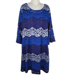 Isaac Mizrahi Live Dress Womens XL Bell Sleeve Fully Lined Blue Striped Lace